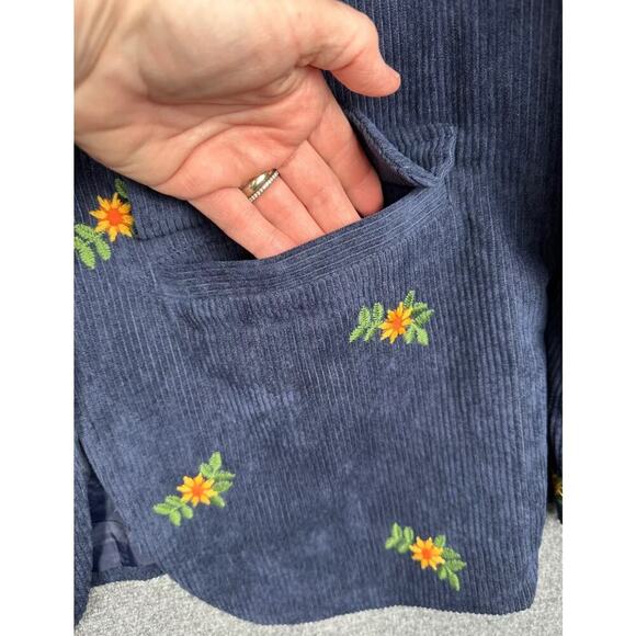 Listicle Floral Embroidered Corduroy Blazer Navy Blue L Boho Cottagecore preppy - Picture 6 of 7